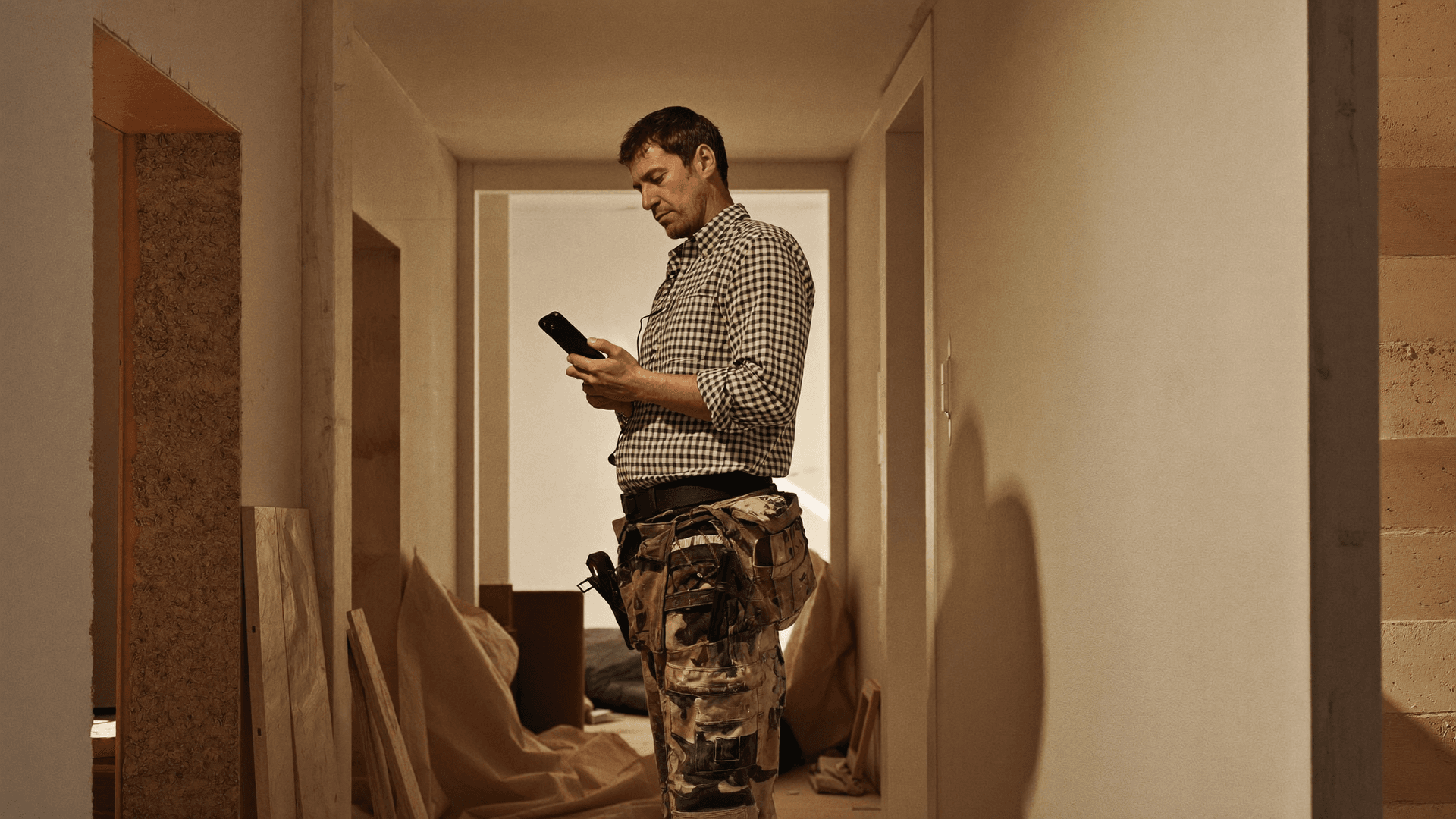 Un artisan consulte Ouvria sur son telephone sur le chantier