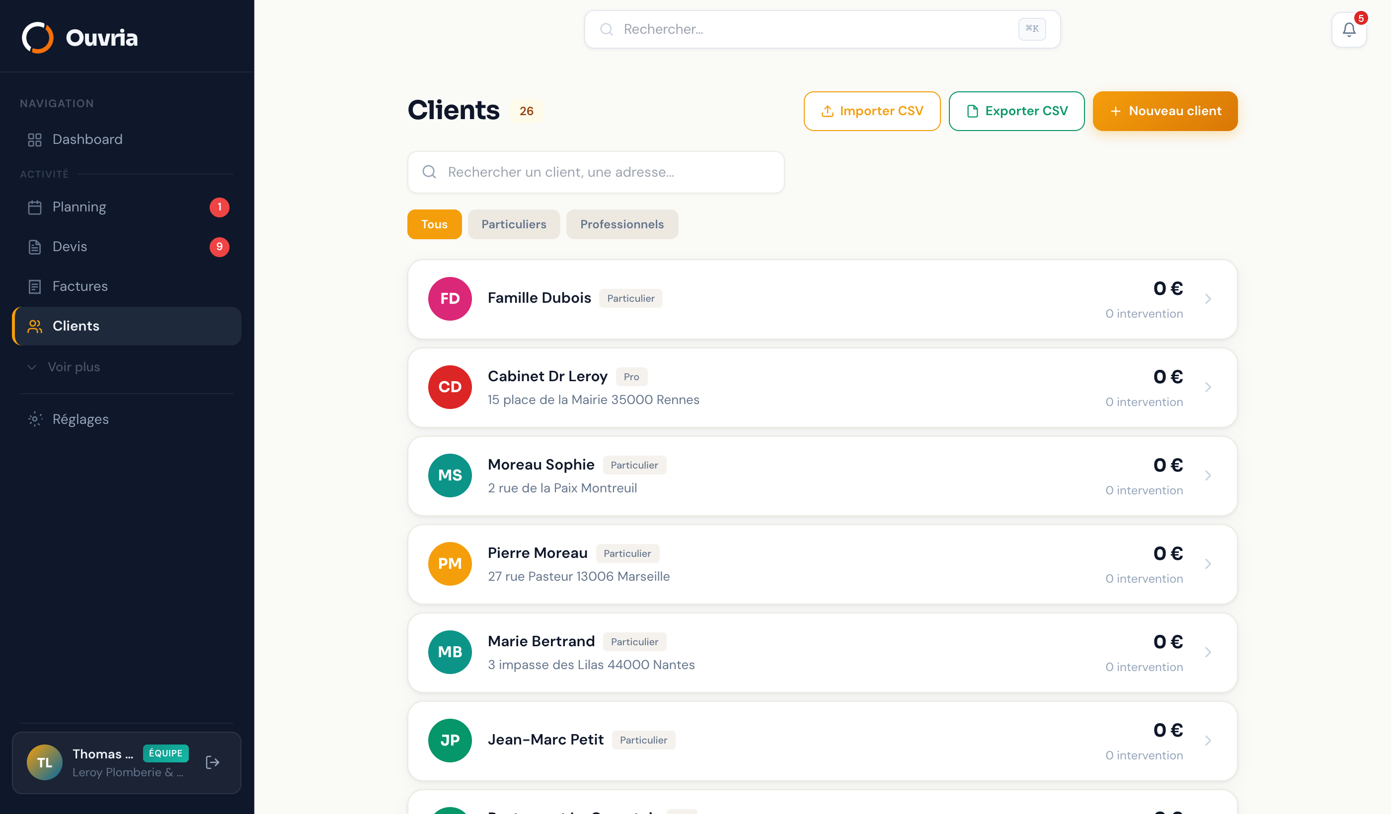 Gestion clients et CRM artisan dans Ouvria